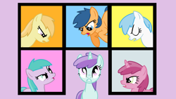 Size: 1280x720 | Tagged: safe, artist:maddiewondermanforever36, artist:rain-approves, aura (g4), cotton cloudy, first base, liza doolots, noi, petunia, ruby pinch, tootsie flute, earth pony, pegasus, pony, unicorn, g4, season 1, the ticket master, adorabase, angry, aurabetes, base used, cottonbetes, cute, eyes closed, female, filly six, flying, frown, grin, group, horn, lavender background, looking up, madorable, mare, narrowed eyes, noiabetes, older, older aura (g4), older cotton cloudy, older first base, older liza doolots, older noi, older petunia, older ruby pinch, older tootsie flute, pegasus first base, pinchybetes, race swap, sextet, shocked, simple background, smiling, talking, tootsie cute, yelling