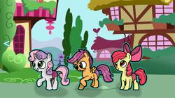 Size: 1280x720 | Tagged: safe, artist:background_pon3, apple bloom, scootaloo, sweetie belle, earth pony, pegasus, pony, unicorn, g4, bow, clothes, cutie mark crusaders, female, filly, foal, hair bow, horn, house, houses, outdoors, panties, ponyville, standing, trio, trio female, underwear, wings