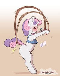 Size: 960x1200 | Tagged: safe, artist:cold-blooded-twilight, sweetie belle, unicorn, anthro, unguligrade anthro, g4, ><, belly, belly button, blank flank, blushing, bottomless, clothes, dialogue, dock, emanata, eyes closed, female, filly, foal, gradient background, horn, jump rope, mistake, mistakes were made, partial nudity, raised tail, solo, sweat, tail, tank top