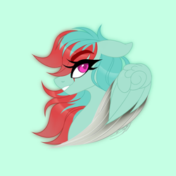 Size: 1500x1500 | Tagged: safe, artist:inspiredpixels, oc, oc only, oc:watercolor (the coco clan), pegasus, pony, 2022, blade, blades, bust, catchlights, colored pupils, commission, commissioner:rautamiekka, daughter, digital art, ears back, eyebrows, eyelashes, eyes open, female, female oc, folded wings, green background, green mane, green tail, grin, looking at you, magenta eyes, magenta pupils, mane, mare, mare oc, no shading, partial transformation, pegasus oc, pegasus wings, pony oc, red mane, side view, signature, simple background, sister, smiling, solo, tail, teeth, two toned mane, weapon, wingblade, wings, ych result