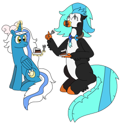 Size: 2088x2136 | Tagged: safe, artist:supahdonarudo, oc, oc only, oc:fleurbelle, oc:icebeak, alicorn, classical hippogriff, hippogriff, bow, cake, food, fork, holding, jewelry, levitation, magic, necklace, plate, simple background, sitting, telekinesis, transparent background