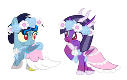 Size: 1280x806 | Tagged: safe, artist:xxblueshy-bethanyxx, oc, oc only, earth pony, pony, clothes, dress, duo, floral head wreath, flower, simple background, transparent background