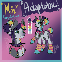 Size: 1994x1994 | Tagged: safe, artist:cupute, oc, oc only, earth pony, horse, pony, adoptable, adoptable open, big ears, black mane, blue hooves, bow, choker, clothes, clown, collar, color palette, colored, colored hooves, deviantart, deviantart link, digital art, gradient background, gray coat, hair bow, hooves, ko-fi, kofi, letter, multicolored hair, multicolored mane, multicolored tail, paint horse, paint pony, paypal, pigtails, rainbow, rainbow hair, reference sheet, sale, scenecore, socks, solo, spiked choker, spiked collar, split colored mane, tail, text, white markings