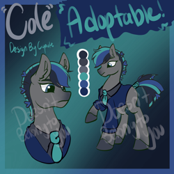 Size: 1994x1994 | Tagged: safe, artist:cupute, oc, oc only, earth pony, horse, pony, adoptable, adoptable open, big ears, black mane, blue eyes, blue mane, clothes, color palette, colored, colored hooves, deviantart, deviantart link, digital art, gradient background, gradient hooves, gray coat, gray hooves, hooves, ko-fi, kofi, letter, mohawk, multicolored hair, multicolored mane, multicolored tail, necktie, paypal, ponytail, reference sheet, sale, short hair, solo, suit, tail, text