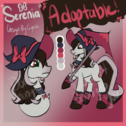 Size: 1994x1994 | Tagged: safe, artist:cupute, oc, oc only, earth pony, horse, pony, adoptable, adoptable open, big ears, black mane, boots, bow, clothes, collar, color palette, colored, colored hooves, deviantart, deviantart link, digital art, goth, gothic, gradient background, hat, hooves, ko-fi, kofi, letter, multicolored hair, multicolored mane, multicolored tail, paypal, red eyes, reference sheet, sale, shoes, solo, tail, text, umbrella, white coat, witch, witch hat