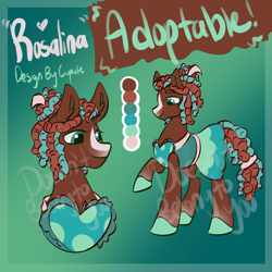 Size: 1994x1994 | Tagged: safe, artist:cupute, oc, oc only, earth pony, horse, pony, adoptable, adoptable open, apron, big ears, brown coat, brown mane, clothes, color palette, colored, colored hooves, deviantart, deviantart link, digital art, dreads, dress, gradient background, gradient hooves, green eyes, green hooves, hooves, ko-fi, kofi, letter, multicolored hair, multicolored mane, multicolored tail, paypal, ponytail, reference sheet, sale, smiling, solo, tail, teal mane, text, tied mane