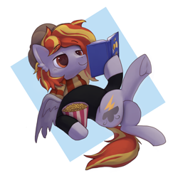 Size: 2480x2480 | Tagged: safe, artist:v-nico, oc, oc only, pegasus, pony, book, food, herbivore, pegasus oc, popcorn, reading, solo