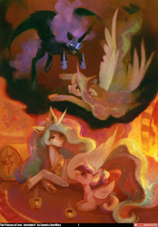 Size: 2460x3543 | Tagged: safe, artist:dearmary, artist:lummh, nightmare moon, princess cadance, princess celestia, alicorn, pony, comic:the princess of love, g4, comic, crown, cup, female, fire, fireplace, food, high res, hoof shoes, jewelry, mare, peytral, princess shoes, regalia, tea, teacup, teen princess cadance, younger