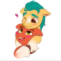 Size: 828x820 | Tagged: safe, artist:haruh_ink, hitch trailblazer, sprout cloverleaf, earth pony, pony, g5, blushing, cuddling, cute, duo, duo male, gay, heart, hitchbetes, holding a pony, hug, male, ship:clovertrail, shipping, simple background, sproutbetes, stallion, white background