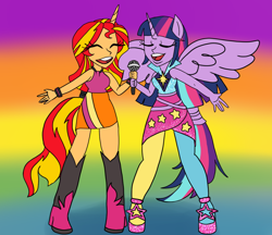 Size: 1148x990 | Tagged: safe, artist:mintymelody, sunset shimmer, twilight sparkle, alicorn, human, rainbow rocks 10th anniversary, equestria girls, g4, my little pony equestria girls: rainbow rocks, duo, duo female, eyes closed, female, gradient background, horn, horned humanization, ponied up, rainbow background, twilight sparkle (alicorn)