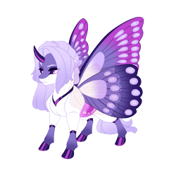 Size: 3477x3359 | Tagged: safe, artist:gigason, oc, oc only, oc:violet thorn, changepony, hybrid, g4, adoptable, butterfly wings, coat markings, colored, colored eyebrows, colored hooves, colored horn, colored pinnae, colored sclera, colored wings, curved horn, eye markings, eyebrows, facial markings, flat colors, floppy ears, gradient legs, gradient wings, hooves, horn, hybrid oc, insect wings, interspecies offspring, lavender mane, lavender tail, leg markings, long mane, long tail, magical lesbian spawn, nonbinary, nonbinary oc, obtrusive watermark, offspring, parent:flitter, parent:oc:gummny glow, parent:oc:gummy glow, parents:canon x oc, pink eyes, purple hooves, purple mane, purple sclera, purple tail, purple wings, raised eyebrow, shiny belly, shiny hooves, shiny horn, simple background, smiling, smirk, socks (coat markings), solo, spread wings, standing, straight mane, tail, three quarter view, transparent background, wall of tags, watermark, white body, white coat, white pupils, wing markings, wings