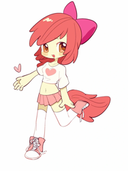 Size: 1080x1440 | Tagged: safe, artist:guiiy电离诡, apple bloom, human, equestria girls, g4, :d, adorabloom, belly, belly button, blushing, bow, clothes, cute, hair bow, heart, looking at you, miniskirt, open mouth, open smile, pink skirt, raised leg, shirt, shoes, short hair, short shirt, skirt, smiling, smiling at you, sneakers, solo, tail, tailed humanization