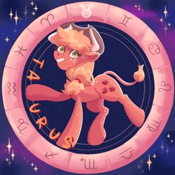 Size: 2000x2000 | Tagged: safe, artist:irisikiki, part of a set, applejack, earth pony, pony, g4, cow horns, cow tail, female, grin, high res, horns, looking at you, mare, smiling, smiling at you, solo, stars, tail, taurus, zodiac