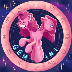 Size: 2000x2000 | Tagged: safe, artist:irisikiki, part of a set, pinkie pie, earth pony, pony, g4, eyes closed, female, floppy ears, gemini, grin, high res, mare, multiple heads, multiple legs, pinkamena diane pie, smiling, stars, two heads, zodiac