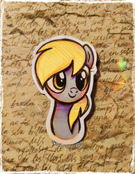 Size: 2287x2950 | Tagged: safe, artist:dariarchangel, derpy hooves, pegasus, pony, g4, adorable face, background pony, bangs, blonde, blonde hair, blonde mane, bust, c:, cross-eyed, cute, cute smile, derp, derpabetes, female, gray coat, mare, photo, portrait, precious, smiling, solo, too cute, traditional art, yellow eyes