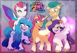 Size: 1080x743 | Tagged: safe, artist:pierce_the_fork, hitch trailblazer, izzy moonbow, pipp petals, sunny starscout, zipp storm, alicorn, earth pony, pegasus, pony, unicorn, g5, my little pony: a new generation, abstract background, ear fluff, female, group photo, horn, looking at each other, looking at someone, magic, male, mane five, mane stripe sunny, mare, my little pony logo, race swap, stallion, sunnycorn