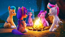 Size: 1406x792 | Tagged: safe, screencap, hitch trailblazer, izzy moonbow, pipp petals, sunny starscout, zipp storm, earth pony, pegasus, pony, unicorn, g5, my little pony: a new generation, campfire, female, horn, looking at each other, looking at someone, male, mane five, mare, night, stallion