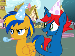 Size: 2048x1536 | Tagged: safe, artist:mlpfan3991, artist:ry-bluepony1, oc, oc only, oc:flare spark, oc:train track, pegasus, pony, unicorn, base used, birthday, duo, duo male and female, female, hat, horn, male, outdoors, party hat, party horn, ponyville