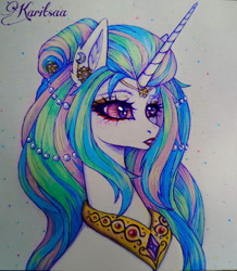 Size: 834x958 | Tagged: safe, artist:karitcaa, princess celestia, alicorn, pony, g4, bust, ear piercing, earring, female, jewelry, lipstick, mare, piercing, regalia, signature, simple background, solo, traditional art