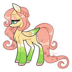 Size: 2048x2048 | Tagged: safe, artist:3ggmilky, part of a set, fluttershy, pegasus, pony, g4, alternate hairstyle, alternate tailstyle, blaze (coat marking), braid, chest fluff, coat markings, colored, colored eartips, colored eyebrows, colored hooves, colored wings, colored wingtips, eyelashes, eyeshadow, facial markings, female, flat colors, flower, flower in hair, flower in tail, folded wings, freckles, freckleshy, green eyes, green wingtips, hooves, leg freckles, leg markings, lidded eyes, long mane, long tail, makeup, mare, markings, missing cutie mark, no catchlights, no pupils, pink eyeshadow, pink hooves, pink mane, pink tail, profile, redesign, shiny hooves, shiny mane, shiny tail, signature, simple background, slender, socks (coat markings), solo, species swap, standing, tail, teal eyes, thin, tied mane, two toned ears, unshorn fetlocks, white background, wing freckles, wing markings, wings, yellow coat