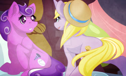 Size: 1024x623 | Tagged: safe, artist:dannysartden, dinky hooves, screwball, earth pony, pony, unicorn, fanfic:daughter of discord, g4, bed, deviantart watermark, duo, duo female, female, hat, horn, indoors, looking at each other, looking at someone, obtrusive watermark, pillow, sitting, sitting on bed, solo, watermark