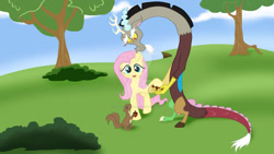 Size: 1024x576 | Tagged: safe, artist:dannysartden, discord, fluttershy, draconequus, pegasus, pony, squirrel, g4, deviantart watermark, duo, duo male and female, female, male, mare, obtrusive watermark, outdoors, tree, watermark