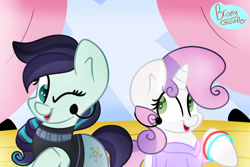 Size: 1024x683 | Tagged: safe, artist:lynchristina, coloratura, sweetie belle, earth pony, pony, unicorn, g4, bracelet, cute, diasweetes, horn, jewelry, microphone, rara, rarabetes, singing, solo, stage