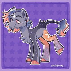 Size: 2100x2100 | Tagged: safe, artist:3ggmilky, oc, oc only, oc:saturn, earth pony, pony, 2023, back fluff, border, cascading cutie mark, cheek fluff, chest fluff, chin fluff, cloven hooves, coat markings, colored hooves, colored pinnae, colored pupils, colored tail, countershading, facial markings, facial scar, freckles, gray coat, hooves, leg markings, leonine tail, lidded eyes, male, male oc, orange eyes, orange hooves, orange pupils, patterned background, raised leg, scar, shiny hooves, shiny mane, shiny tail, signature, smiling, solo, sparkly coat, spots, spotted, spotted coat, stallion, stallion oc, standing on three hooves, star (coat marking), starry coat, starry legs, starry tail, tail, tail fluff, three quarter view, two toned mane, two toned tail