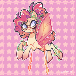 Size: 2500x2500 | Tagged: safe, artist:3ggmilky, oc, oc only, oc:ali, pony, accessory, blue eyes, border, butterfly wings, colored pupils, curly mane, curly tail, eyelashes, female, flower, flower in hair, flying, glasses, glasses chain, glimmer wings, hair accessory, high res, looking back, mane accessory, mare, open mouth, open smile, orange mane, orange tail, patterned background, ponysona, ponytail, purple pupils, round glasses, shiny mane, signature, smiling, solo, spread wings, tail, three toned background, three toned mane, tied mane, vine, wings, yellow coat