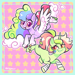 Size: 3000x3000 | Tagged: safe, artist:3ggmilky, oc, oc only, oc:prismatic rally, oc:stratus streamers, pegasus, pony, unicorn, 2023, abstract background, alternate versions at source, anklet, bandage, bandaged leg, bandaid, blank flank, blush scribble, blushing, border, bracelet, cloud mane, cloud tail, coat markings, colored hooves, colored pupils, colored wings, curly mane, curly tail, duo, duo female, ethereal mane, ethereal tail, eyelashes, feathered fetlocks, female, female oc, flying, gradient legs, green blush, green coat, high res, hooves, horn, jewelry, leg wraps, looking at each other, looking at someone, magenta pupils, mare, mare oc, mismatched hooves, multicolored hair, multicolored hooves, multicolored mane, open mouth, open smile, orange eyes, orange pupils, patterned background, pegasus oc, pink eyes, pink pupils, ponytail, purple coat, rainbow hair, rainbow tail, shiny hooves, shiny mane, shiny tail, signature, smiling, socks (coat markings), spread wings, star background, straight mane, straight tail, tail, three toned mane, three toned tail, tied mane, unicorn horn, unicorn oc, unshorn fetlocks, white wings, wings