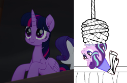 Size: 1097x717 | Tagged: safe, edit, edited screencap, screencap, rarity, starlight glimmer, twilight sparkle, alicorn, pony, unicorn, g4, my little pony: the movie, 1000 hours in ms paint, bondage, female, hanging, hanging upside down, happy, hat, hennin, horn, looking at someone, looking at something, mare, princess, princess starlight glimmer, rope, rope bondage, smiling, tied up, twilight sparkle (alicorn), upside down