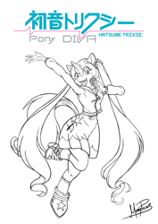 Size: 2481x3508 | Tagged: safe, artist:memprices, derpibooru exclusive, trixie, anthro, unguligrade anthro, rainbow rocks 10th anniversary, g4, boots, clothes, cosplay, costume, crossover, digital art, hairclip, hatsune miku, lineart, logo parody, looking at you, microphone, pencil drawing, ponytail, raised hand, shoes, singing, sketch, skirt, smiling, smiling at you, standing, standing on one leg, sweater, vocaloid, wip