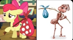 Size: 654x358 | Tagged: safe, edit, edited screencap, screencap, apple bloom, ant, dolphin, earth pony, insect, pony, bloom & gloom, g4, a bug's life, bag, bindle, flik, meme, screenshots, stick