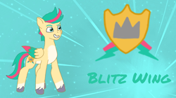 Size: 1018x572 | Tagged: source needed, safe, artist:shucku, oc, oc only, oc:blitz wing, pegasus, pony, g5, my little pony: tell your tale, base used, character name, cutie mark, cyan eyes, g5 oc, male, offspring, parent:hitch trailblazer, parent:zipp storm, parents:stormblazer, pegasus oc, reference sheet, solo, stallion, stallion oc, tail, tell your tale accurate, title card, two toned mane, two toned tail, unshorn fetlocks, wings