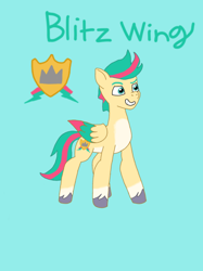 Size: 428x572 | Tagged: source needed, safe, artist:shucku, oc, oc only, oc:blitz wing, pegasus, pony, g5, my little pony: tell your tale, blue background, character name, cutie mark, cyan background, cyan eyes, g5 oc, male, offspring, parent:hitch trailblazer, parent:zipp storm, parents:stormblazer, pegasus oc, simple background, solo, stallion, stallion oc, tail, tell your tale accurate, title card, two toned mane, two toned tail, unshorn fetlocks, wings