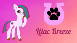 Size: 1018x572 | Tagged: source needed, safe, artist:shucku, oc, oc only, oc:lilac breeze, earth pony, pony, g5, my little pony: tell your tale, character name, concave belly, cutie mark, ear piercing, earth pony oc, female, g5 oc, gradient background, looking at you, mare, offspring, parent:hitch trailblazer, parent:zipp storm, parents:stormblazer, piercing, reference sheet, slender, solo, tail, tell your tale accurate, thin, title card, two toned mane, two toned tail, unshorn fetlocks