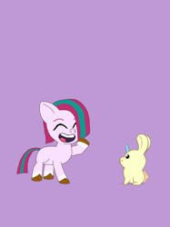 Size: 428x572 | Tagged: source needed, safe, artist:shucku, oc, oc only, oc:lilac breeze, bunnicorn, earth pony, pony, rabbit, g5, my little pony: tell your tale, cute, ear piercing, earth pony oc, female, filly, foal, g5 oc, looking at something, offspring, parent:hitch trailblazer, parent:zipp storm, parents:stormblazer, piercing, purple background, simple background, smiling, solo, tail, tell your tale accurate, two toned mane, two toned tail, unshorn fetlocks, waving