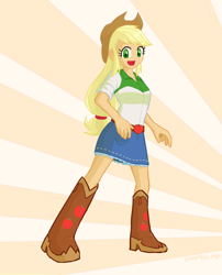 Size: 1018x1258 | Tagged: safe, artist:siemensohm, applejack, human, equestria girls, g4, female, looking at you, open mouth, open smile, smiling, smiling at you, solo, sunburst background