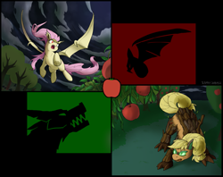 Size: 2105x1668 | Tagged: safe, alternate version, artist:siemensohm, applejack, fluttershy, bat pony, pony, timber pony, timber wolf, g4, apple, apple tree, bat ponified, duo, duo female, female, flutterbat, flying, food, mare, night, open mouth, race swap, species swap, spread wings, timberjack, tree, windswept mane, wings