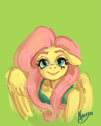 Size: 2329x2897 | Tagged: safe, artist:nexya05, fluttershy, pegasus, anthro, g4, bust, cute, floppy ears, green background, high res, looking at you, shyabetes, signature, simple background, smiling, smiling at you, solo