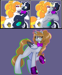 Size: 4000x4808 | Tagged: safe, artist:askhypnoswirl, oc, oc:hypno swirl, oc:storm shield, alicorn, pegasus, unicorn, alicorn oc, bowtie, clothes, comic, duo, duo male and female, female, fusion, fusion:oc, green eyes, horn, hypno eyes, hypnosis, hypnotized, male, multicolored eyes, necktie, pegasus oc, red eyes, shoes, unicorn oc, wings