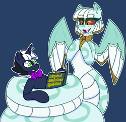 Size: 4768x4640 | Tagged: safe, artist:askhypnoswirl, oc, oc only, oc:hypno swirl, monster pony, original species, pony, snake, snake pony, unicorn, book, bowtie, coiling, coils, commission, duo, egyptian, fangs, horn, necktie, relaxing, smiling, unicorn oc, wings