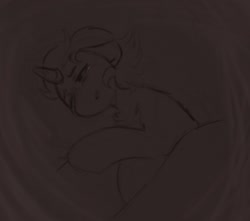 Size: 1538x1361 | Tagged: safe, artist:flixanoa, oc, oc only, oc:fef, unicorn, 2022, angst, bed, big hooves, blanket, chest fluff, crying, frown, horn, lidded eyes, lying down, male, male oc, monochrome, old art, on side, ponysona, sad, short mane, shoulder fluff, sketch, solo, stallion, stallion oc, unicorn oc