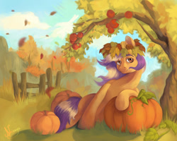 Size: 999x800 | Tagged: safe, artist:nexya05, oc, oc only, earth pony, pony, autumn, fence, leaves, outdoors, pumpkin, solo, tree