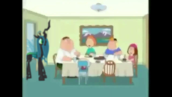 Size: 1280x720 | Tagged: safe, edit, editor:notsafeforsanity, queen chrysalis, changeling, changeling queen, human, g4, blurry, brian griffin, chris griffin, dining room, family guy, indoors, lois griffin, meg griffin, needs more jpeg, painting, peter griffin, screenshots, stewie griffin