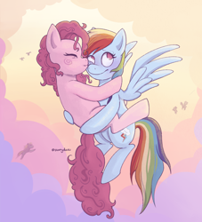 Size: 1804x1991 | Tagged: safe, artist:starryducks, pinkie pie, rainbow dash, earth pony, pegasus, pony, g4, blushing, cheek kiss, cloud, cute, dashabetes, diapinkes, duo, duo female, eyes closed, female, flying, hug, kissing, lesbian, mare, outdoors, ship:pinkiedash, shipping