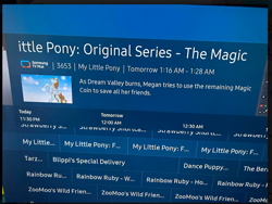 Size: 1136x856 | Tagged: safe, screencap, morning glory, flutter pony, pony, g1, my little pony 'n friends, the magic coins, cute, female, flying, mare, morningdorable, photo, picture of a screen, samsung, samsung tv, screen, sky, television, title card