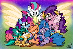 Size: 1838x1225 | Tagged: safe, artist:joeywaggoner, artist:jwcartoonist, hitch trailblazer, izzy moonbow, misty brightdawn, pipp petals, sparky sparkeroni, sunny starscout, zipp storm, alicorn, dragon, earth pony, pegasus, pony, unicorn, g5, artificial horn, artificial wings, augmented, baby, baby dragon, cute, end of g5, eyes closed, female, happy, horn, male, mane five, mane seven (g5), mane six (g5), mare, one eye open, open mouth, open smile, race swap, sash, sheriff's badge, smiling, stallion, sunnycorn, wings