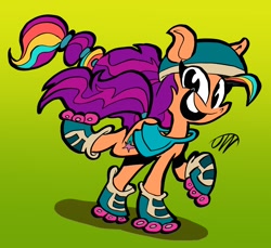 Size: 2100x1925 | Tagged: safe, artist:joeywaggoner, artist:jwcartoonist, sunny starscout, earth pony, pony, g5, bag, braid, braided ponytail, female, gradient background, happy, helmet, mane stripe sunny, mare, ponytail, raised leg, roller skates, saddle bag, skates, solo