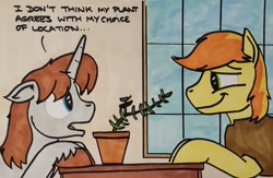 Size: 2048x1339 | Tagged: safe, artist:hoofclid, braeburn, oc, oc:hoofclid, earth pony, pony, unicorn, g4, canon x oc, dialogue, duo, duo male, gay, horn, indoors, male, marker drawing, narrowed eyes, potted plant, shipping, smiling, stallion, traditional art, unshorn fetlocks